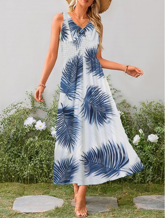 Palm Leaves V -Neck Sleeveless Summer Dress